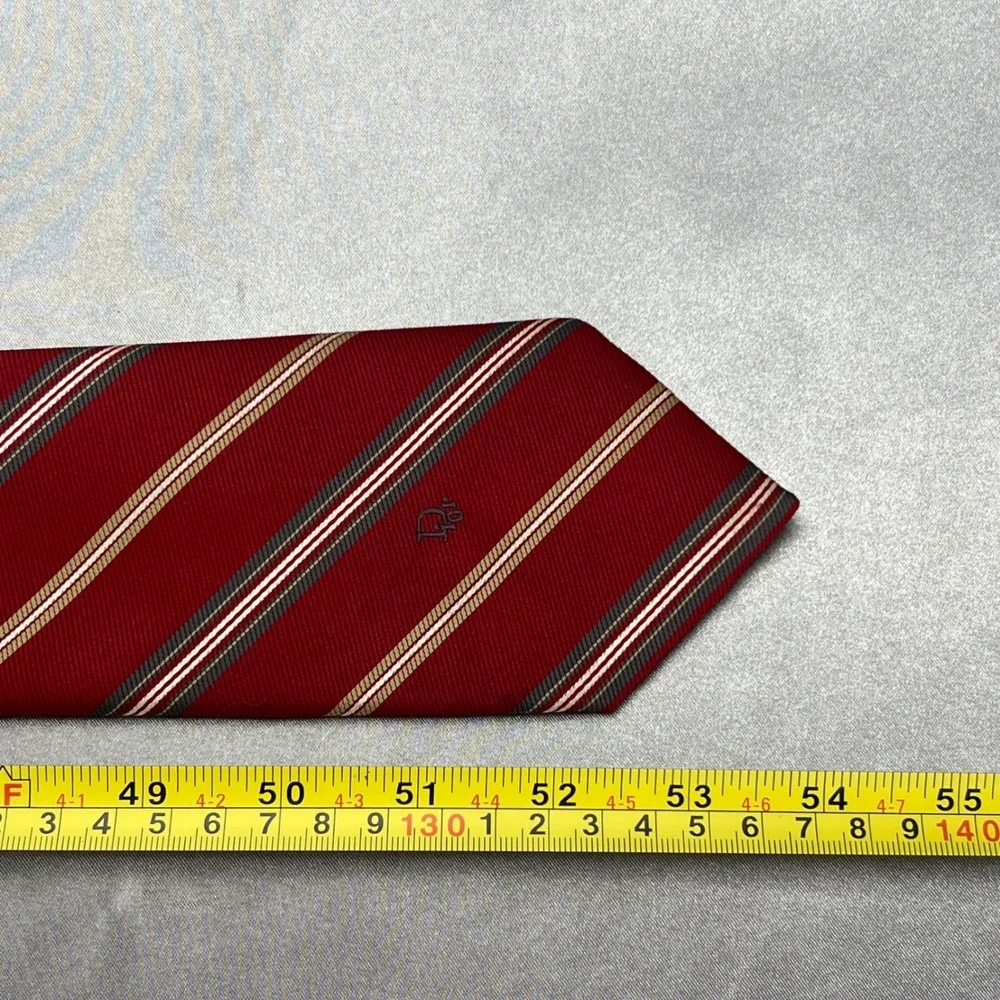 Christian Dior Mens Silk Tie Red Diagonal Stripe Embroidered Logo 54in Vintage
